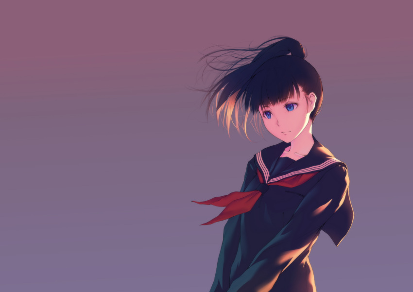 1girl bangs black_sailor_collar black_serafuku black_shirt blue_eyes brown_hair collarbone eyebrows_visible_through_hair floating_hair head_tilt long_hair long_sleeves neckerchief oki_(koi0koi) original ponytail purple_background red_neckwear sailor_collar school_uniform serafuku shirt simple_background solo standing upper_body