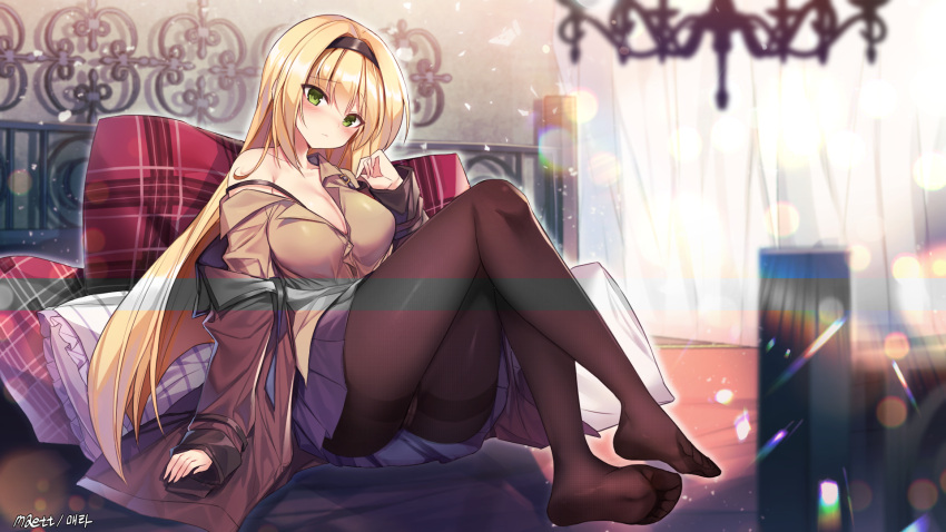 1girl bed black_bra black_legwear blonde_hair blurry blush bra bra_strap breasts chandelier cleavage coat coat_removed curtains depth_of_field girls_frontline green_eyes headband highres knees_up legs lens_flare long_hair long_sleeves m1_garand_(girls_frontline) maett off-shoulder_shirt off_shoulder panties pantyhose pillow shirt siting skirt solo thighband_pantyhose tsurime underwear very_long_hair white_panties