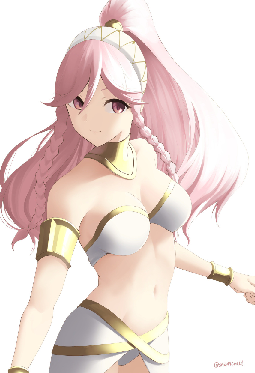 1girl absurdres bracer braid breasts cleavage fire_emblem fire_emblem:_kakusei groin highres large_breasts long_hair navel olivia_(fire_emblem) pink_hair ponytail skeptycally smile solo twitter_username white_background