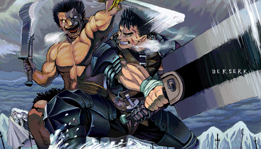 3boys armor bandage bandaged_hands bandages battle belt belt_buckle berserk black_hair blood blood_on_face breath buckle cape chains clenched_teeth closed_mouth clouds cloudy_sky dagger dual_wielding gesogeso greatsword greaves grey_sky highres holding holding_weapon injury long_hair mechanical_arm mountain multiple_boys muscle one_eye_closed open_mouth pauldrons red_eyes shirtless short_hair sky snow spiky_hair standing swinging sword teeth veins weapon white_cape white_eyes white_hair
