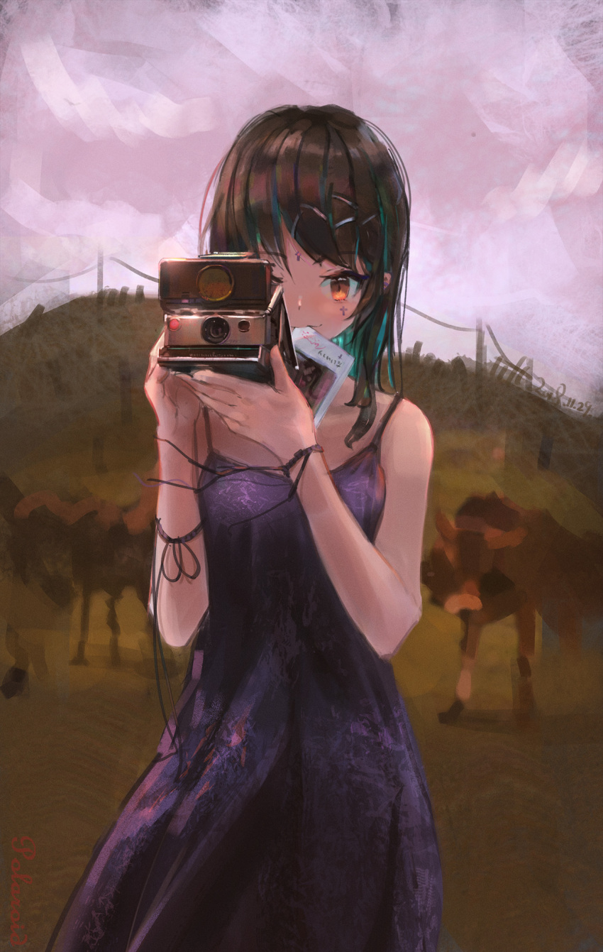 1girl bangs black_hair bull camera clouds cloudy_sky cross dated hair_ornament highres long_hair looking_at_viewer mouth_hold original outdoors photo_(object) polaroid scenery sky solo tifg39 upper_body yellow_eyes