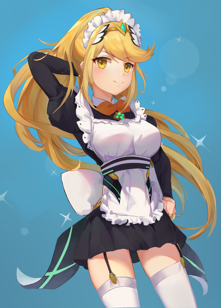 1girl apron arm_up bangs blonde_hair breasts dress earrings gloves headpiece highres mythra_(xenoblade) jewelry kiiro_kimi large_breasts long_hair looking_at_viewer maid nintendo ponytail simple_background smile solo standing swept_bangs tiara xenoblade_(series) xenoblade_2 yellow_eyes