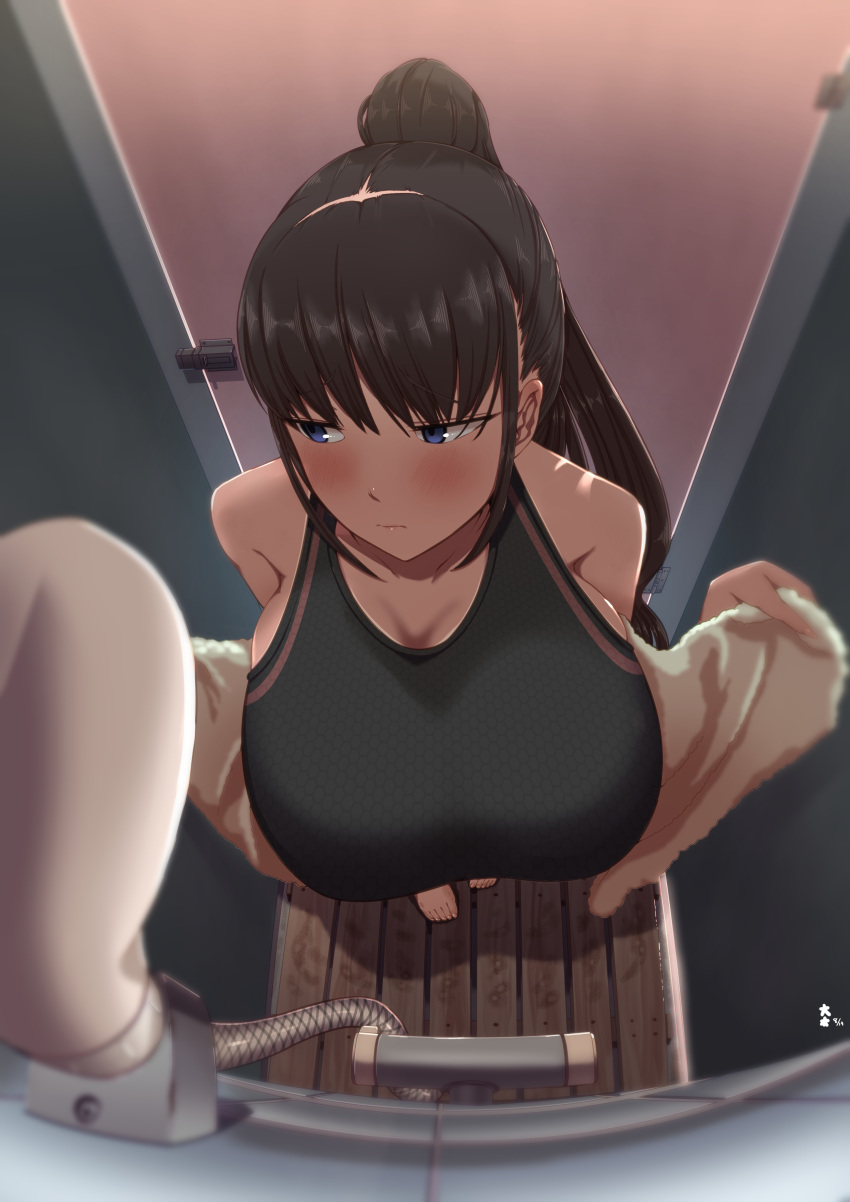 1girl absurdres bangs barefoot black_hair blue_eyes blue_swimsuit blush breasts closed_mouth commentary door from_above highres huge_breasts kachi-kachi_okiami lock looking_to_the_side one-piece_swimsuit original ponytail shower shower_head swimsuit towel wooden_floor