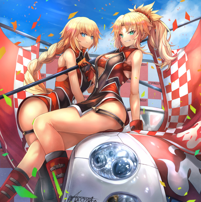 2girls aqua_eyes arm_support ass bandeau bangs bare_shoulders blonde_hair blue_eyes blue_sky blush braid breasts car checkered checkered_flag cleavage closed_mouth clouds collared_dress confetti day dress eyebrows_visible_through_hair fate/apocrypha fate/grand_order fate_(series) flag gloves green_eyes grin ground_vehicle hair_ornament highres holding holding_flag jeanne_d'arc_(fate) jeanne_d'arc_(fate)_(all) large_breasts long_hair looking_at_viewer medium_breasts mordred_(fate) mordred_(fate)_(all) motor_vehicle multiple_girls navel ohako_(ohako1818) outdoors partially_unzipped pelvic_curtain ponytail racequeen shorts side_cutout sidelocks single_braid sitting skindentation sky sleeveless sleeveless_dress smile strap thighs very_long_hair zipper