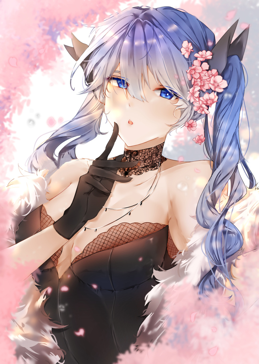 1girl absurdres aqua_eyes aqua_hair bangs black_dress black_gloves black_ribbon breasts cherry_blossoms cleavage dress flower fur gang_(to_gang) gloves hair_between_eyes hair_flower hair_ornament hair_ribbon hatsune_miku highres index_finger_raised jewelry long_hair looking_at_viewer medium_breasts necklace open_mouth petals ribbon shawl sidelocks smile solo strapless strapless_dress twintails upper_body very_long_hair vocaloid