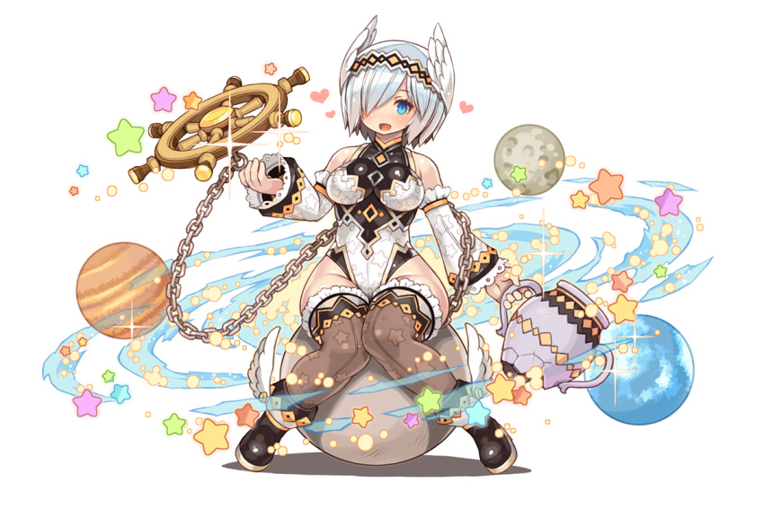 1girl blue_eyes broken chains detached_sleeves full_body fullbokko_heroes hair_over_one_eye hairband holding jar official_art open_mouth planet shigatake ship's_wheel shoes short_hair sitting solo star star_print thigh-highs transparent_background white_hair winged_shoes wings