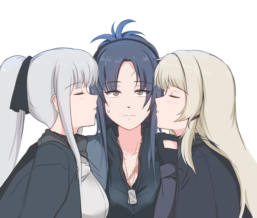 3girls ak-12_(girls_frontline) an-94_(girls_frontline) angelina_(girls_frontline) blue_hair closed_eyes closed_mouth eyebrows_visible_through_hair girls_frontline gloves grey_hair headband incoming_kiss multiple_girls selby silver_hair sweatdrop yuri