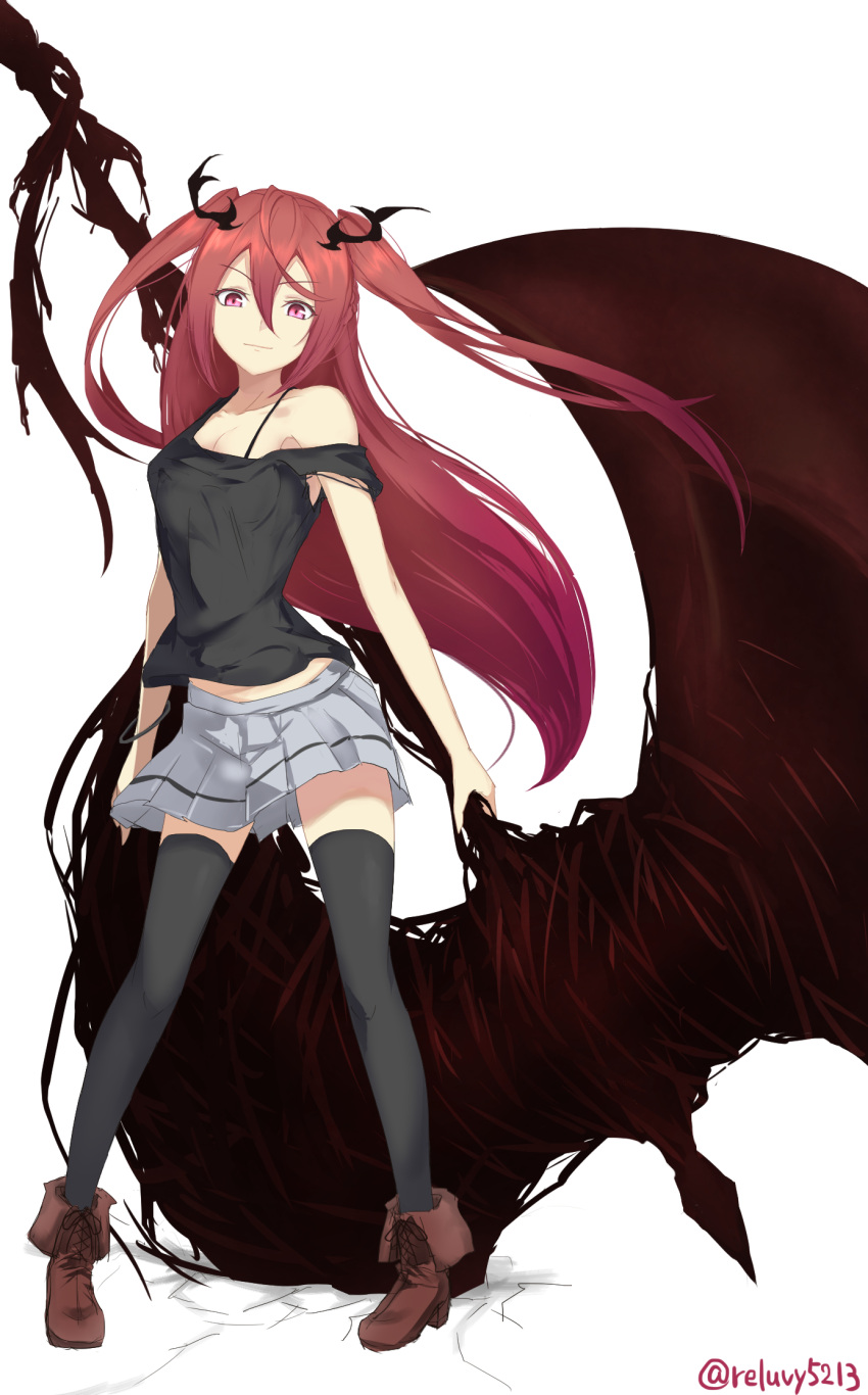 1girl black_legwear black_shirt boots breasts brown_footwear cleavage collarbone eyebrows_visible_through_hair floating_hair full_body grey_skirt hair_between_eyes hair_ornament highres holding holding_weapon long_hair looking_at_viewer miniskirt off_shoulder original pleated_skirt red_eyes redhead reluvy shiny shiny_hair shirt skirt sleeveless sleeveless_shirt small_breasts solo standing thigh-highs torn_clothes torn_shirt twintails twitter_username very_long_hair weapon white_background zettai_ryouiki