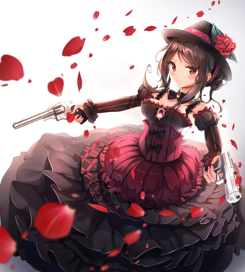 1girl absurdres alswp5806 bangs bare_shoulders black_skirt black_sleeves black_tea_(food_fantasy) blurry blurry_foreground blush breasts brown_hair brown_hat closed_mouth commentary_request depth_of_field detached_sleeves dual_wielding eyebrows_visible_through_hair flower food_fantasy gun handgun hat hat_flower highres holding holding_gun holding_weapon juliet_sleeves layered_skirt long_hair long_sleeves medium_breasts petals pistol pleated_skirt puffy_sleeves red_eyes red_flower red_rose revolver rose skirt smile solo strapless striped_sleeves weapon white_background