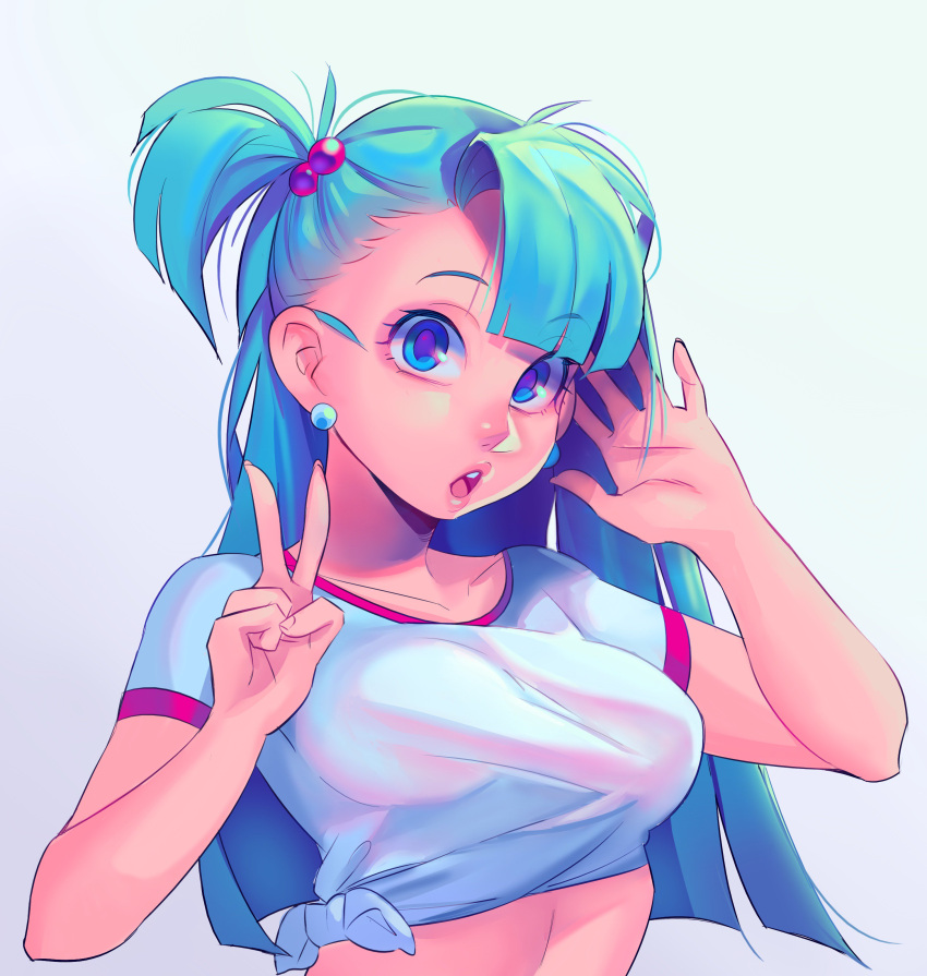 1girl absurdres aqua_eyes aqua_hair breasts bulma cassettecreams dragon_ball earrings highres jewelry midriff one_side_up open_mouth peace_symbol shirt solo t-shirt v