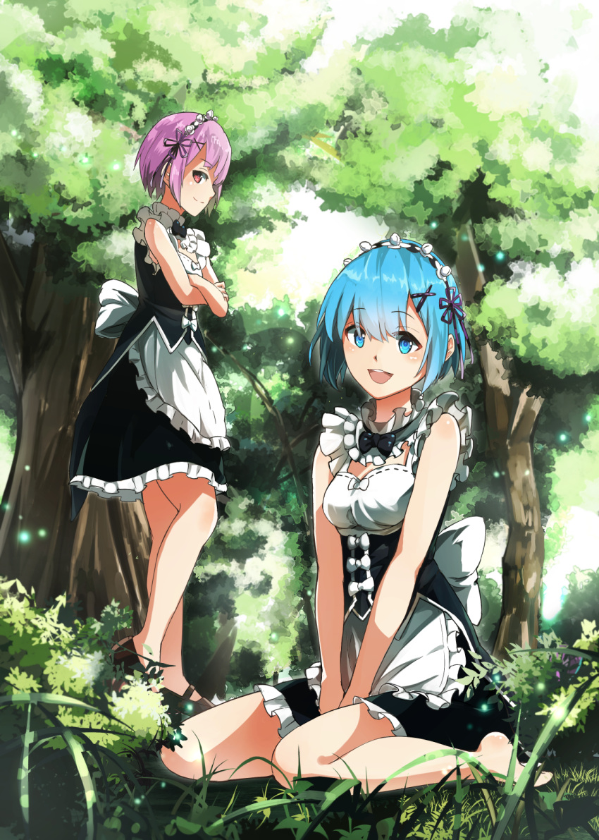 2girls :d adapted_costume apron bare_shoulders barefoot between_legs black_skirt blue_eyes blue_hair bow breasts corset crossed_arms day eyebrows_visible_through_hair flower forest frilled_apron frilled_skirt frills full_body hair_flower hair_ornament hair_ribbon hand_between_legs head_wreath hidaka_kouyou highres looking_at_viewer medium_breasts miniskirt multiple_girls nature open_mouth outdoors pink_hair purple_ribbon ram_(re:zero) re:zero_kara_hajimeru_isekai_seikatsu red_eyes rem_(re:zero) ribbon shiny shiny_hair shirt short_hair siblings sisters sitting skirt sleeveless sleeveless_shirt small_breasts smile standing waist_apron wariza white_apron white_bow white_flower white_shirt