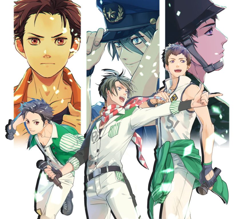 3boys akuno_hideo brown_hair firefighter frame_(idolmaster) highres idol idolmaster idolmaster_side-m kimura_ryuu male_focus military military_uniform multiple_boys police police_uniform policeman saya_(endowsaya) shingen_seiji simple_background smile uniform violet_eyes