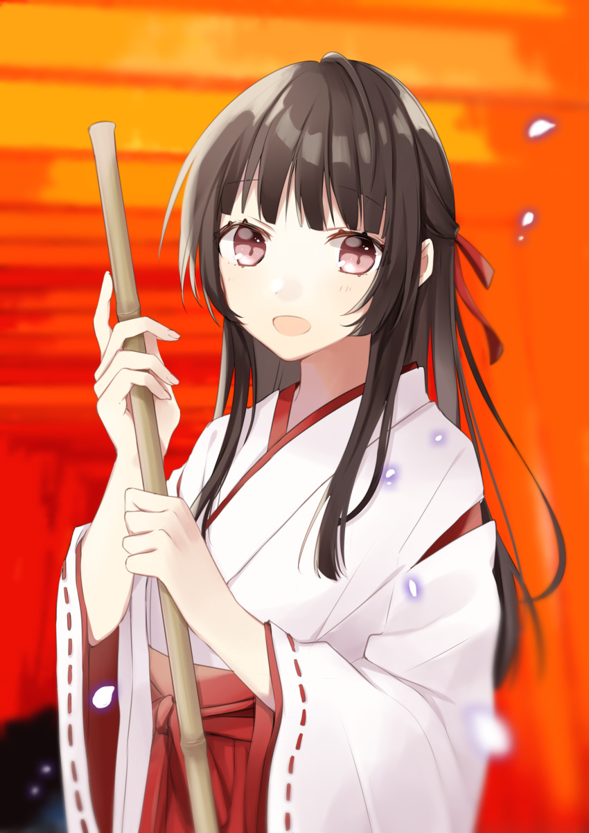 1girl :d absurdres bamboo_broom bangs blurry blurry_background blush broom brown_hair commentary_request depth_of_field eyebrows_visible_through_hair hachimitsu_honey hair_ribbon hakama highres holding holding_broom japanese_clothes kimono long_hair long_sleeves miko open_mouth original red_eyes red_hakama red_ribbon ribbon ribbon-trimmed_sleeves ribbon_trim short_kimono smile solo upper_body white_kimono wide_sleeves
