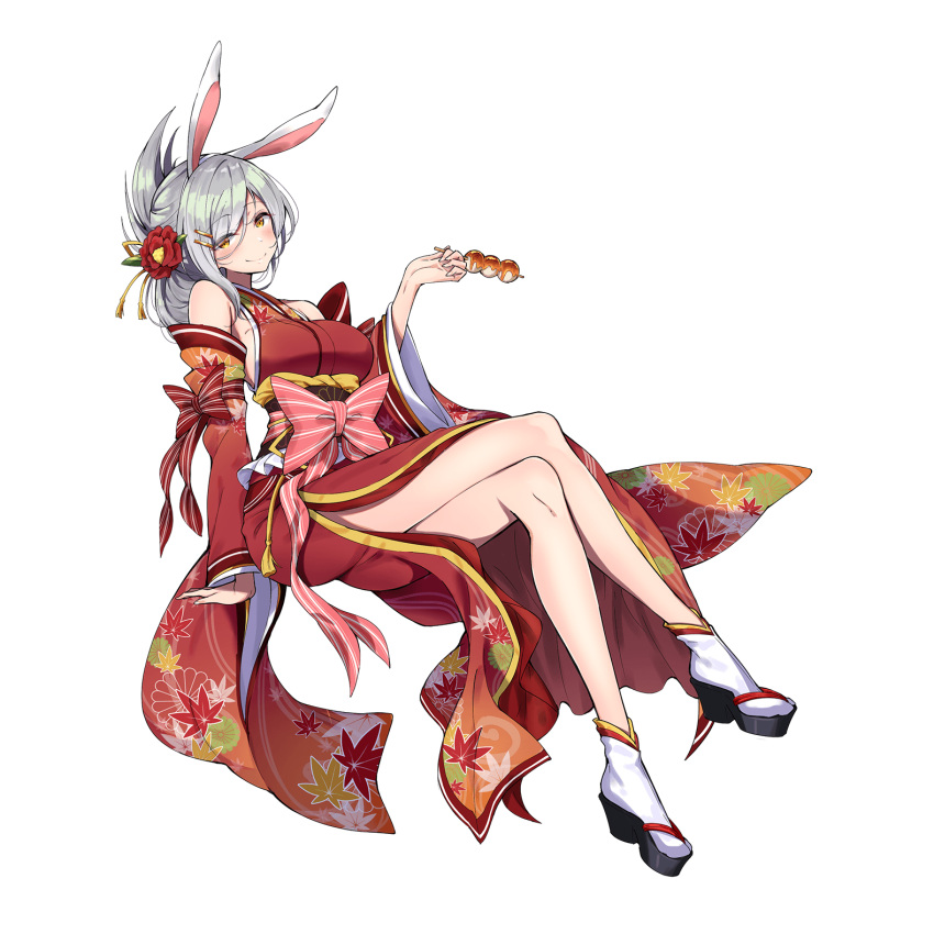 1girl animal_ears detached_sleeves flower full_body hair_flower hair_ornament hairclip highres holding japanese_clothes legs_crossed rabbit_ears sandals silver_hair smile solo transparent_background uchi_no_hime-sama_ga_ichiban_kawaii yellow_eyes