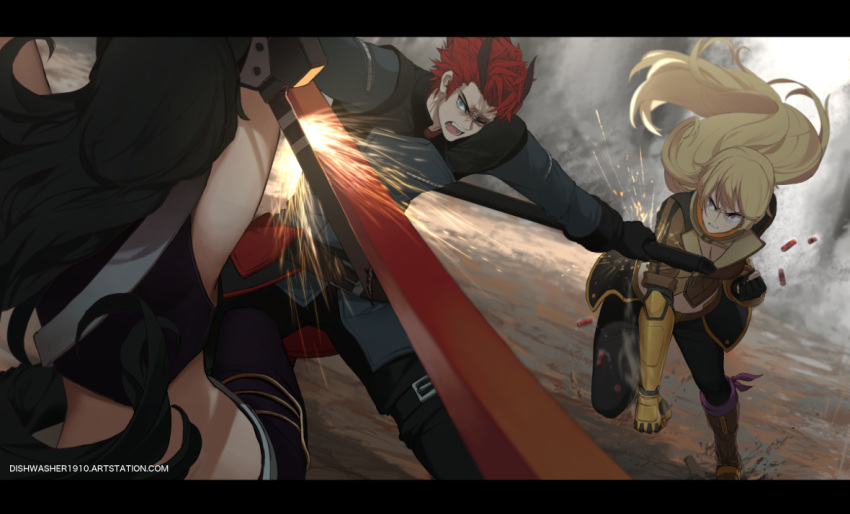 1boy 2girls adam_taurus ahoge angry animal_ears asymmetrical_legwear bare_shoulders battle belt black_gloves black_hair black_pants blake_belladonna blonde_hair blue_eyes boots breasts brown_footwear brown_jacket buckle cat_ears cleavage commentary dishwasher1910 ember_celica_(rwby) english_commentary fighting fingerless_gloves fire gambol_shroud gloves gun high_heel_boots high_heels holding holding_sword holding_weapon horn horns jacket katana knee_boots kneehighs kusarigama large_breasts long_hair midriff multiple_girls orange_scarf over-kneehighs pants puffy_short_sleeves puffy_sleeves red_eyes redhead ribbon rwby scar scar_across_eye scarf shell_casing shirt short_sleeves shotgun sickle sleeveless sleeveless_shirt spoilers strapless sword thigh-highs tubetop vambraces waist_cape wavy_hair weapon yang_xiao_long yellow_shirt