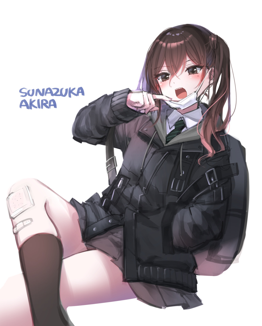 1girl absurdres backpack bag bandaid bandaid_on_knee boo_1 brown_eyes brown_hair character_name hand_in_pocket highres idolmaster idolmaster_cinderella_girls long_sleeves mask mole mole_under_eye necktie open_mouth shirt short_hair simple_background sitting sketch socks solo sunazuka_akira surgical_mask twintails white_background white_shirt
