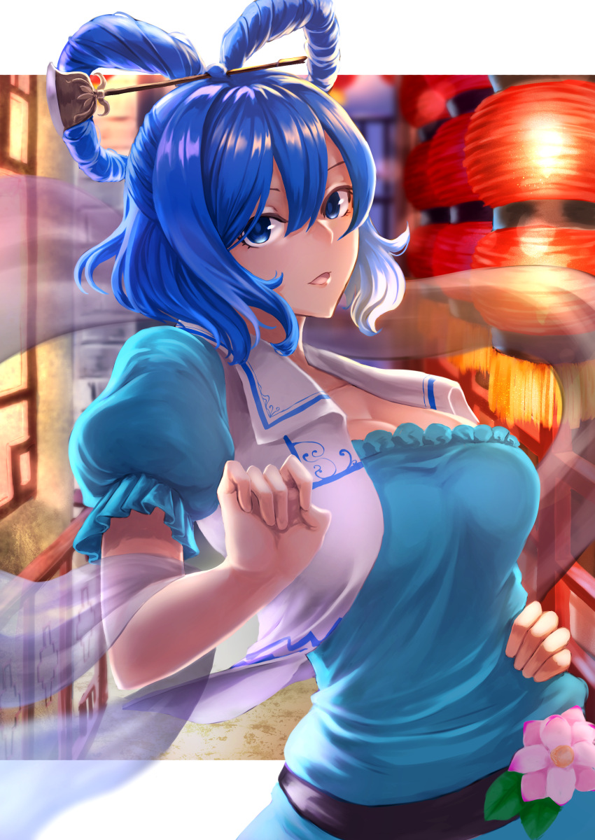 1girl absurdres amano_hagoromo blue_eyes blue_hair breasts cleavage collarbone dress flower hair_ornament hair_rings hair_stick hand_on_hip highres kaku_seiga lantern large_breasts looking_at_viewer open_mouth paper_lantern puffy_short_sleeves puffy_sleeves shawl short_sleeves smile solo touhou vest