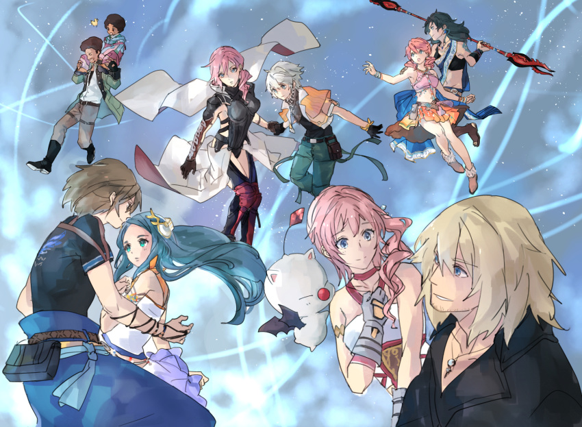 5boys 5girls afro armor bird blonde_hair chick chocobo couple dajh_katzroy dark_skin dark_skinned_male dress everyone father_and_son final_fantasy final_fantasy_xiii final_fantasy_xiii-2 floating hamagurihime hand_holding highres hope_estheim jacket jewelry lightning_farron lightning_returns:_final_fantasy_xiii long_skirt mog moogle multiple_boys multiple_girls necklace noel_kreiss oerba_dia_vanille oerba_yun_fang paddra_nsu-yeul pink_hair sazh_katzroy serah_farron side_ponytail sitting_on_shoulder skirt smile snow_villiers