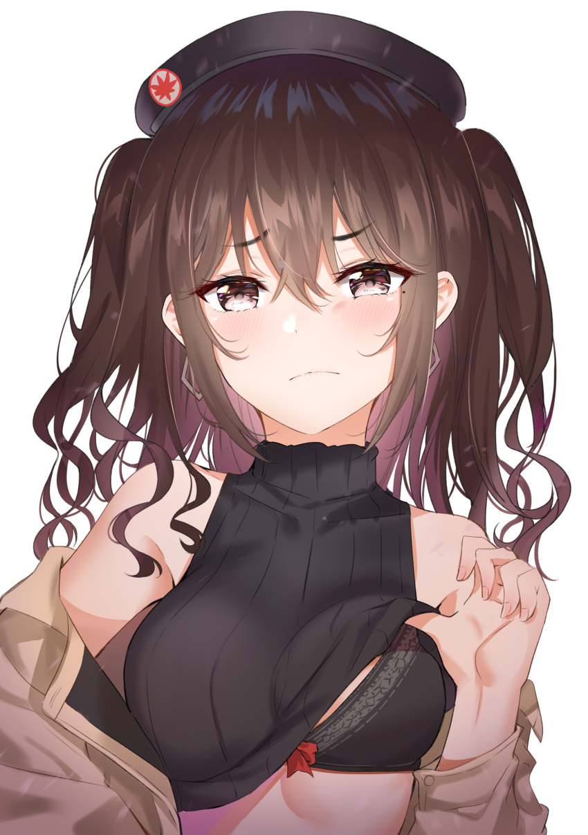 1girl absurdres bangs black_bra black_hat black_sweater blush bra brown_coat brown_eyes brown_hair closed_mouth clothes_lift coat earrings hair_between_eyes hat highres idolmaster idolmaster_cinderella_girls jewelry lifted_by_self long_hair looking_at_viewer mole mole_under_eye off_shoulder open_clothes open_coat ribbon-trimmed_bra simple_background sleeveless_sweater solo sunazuka_akira sunhyun sweater sweater_lift turtleneck turtleneck_sweater two_side_up underwear white_background