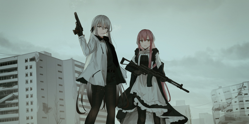2girls :d ak-47 apartment apron assault_rifle bangs black_dress black_gloves black_jacket black_legwear black_shirt black_shorts brown_eyes building chihuri cigarette closed_mouth clouds cloudy_sky damaged dress eyebrows_visible_through_hair gloves grey_eyes grey_hair gun hair_between_eyes hand_up holding holding_gun holding_weapon jacket juliet_sleeves long_hair long_sleeves looking_at_viewer mouth_hold multiple_girls off_shoulder open_clothes open_jacket open_mouth original outdoors overcast pantyhose pink_hair power_lines puffy_sleeves rifle ruins shirt short_shorts shorts sky sleeveless sleeveless_dress smile smoke smoking standing trigger_discipline very_long_hair waist_apron weapon white_apron white_jacket white_shirt