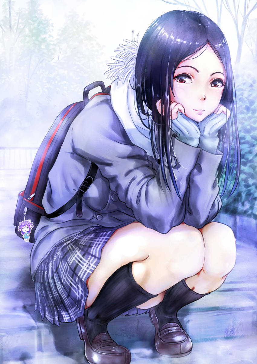 1girl absurdres backpack bag bangs bare_tree black_hair coat hands_on_own_cheeks hands_on_own_face hands_up head_rest highres kneehighs knees_together_feet_apart konekoneko_(indonesia) lips loafers long_hair looking_at_viewer original outdoors parted_bangs plaid plaid_skirt pleated_skirt scarf school_uniform shoes skirt sleeves_past_wrists solo squatting sweater tree winter_clothes