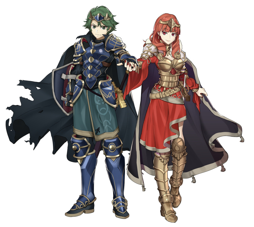 1boy 1girl absurdres alm_(fire_emblem) armor breasts cape celica_(fire_emblem) cleavage closed_mouth earrings ebinku fingerless_gloves fire_emblem fire_emblem_echoes:_mou_hitori_no_eiyuuou gloves green_eyes green_hair hand_holding highres jewelry long_hair medium_breasts nail_polish nintendo red_eyes redhead scabbard sheath sheathed shield short_hair simple_background smile sword weapon white_background