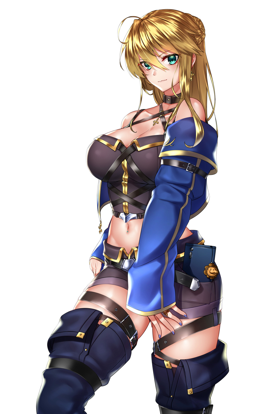 1girl absurdres ahoge artoria_pendragon_(all) artoria_pendragon_(lancer) bangs bare_shoulders belt blue_jacket blue_legwear blush braid breasts choker cleavage closed_mouth collarbone crop_top earrings fate/grand_order fate_(series) french_braid green_eyes grey_shorts hair_between_eyes highres jacket jewelry kai_(pixiv12466647) large_breasts long_hair looking_at_viewer midriff navel open_clothes open_jacket shorts sidelocks simple_background smile solo thigh_strap thighs white_background