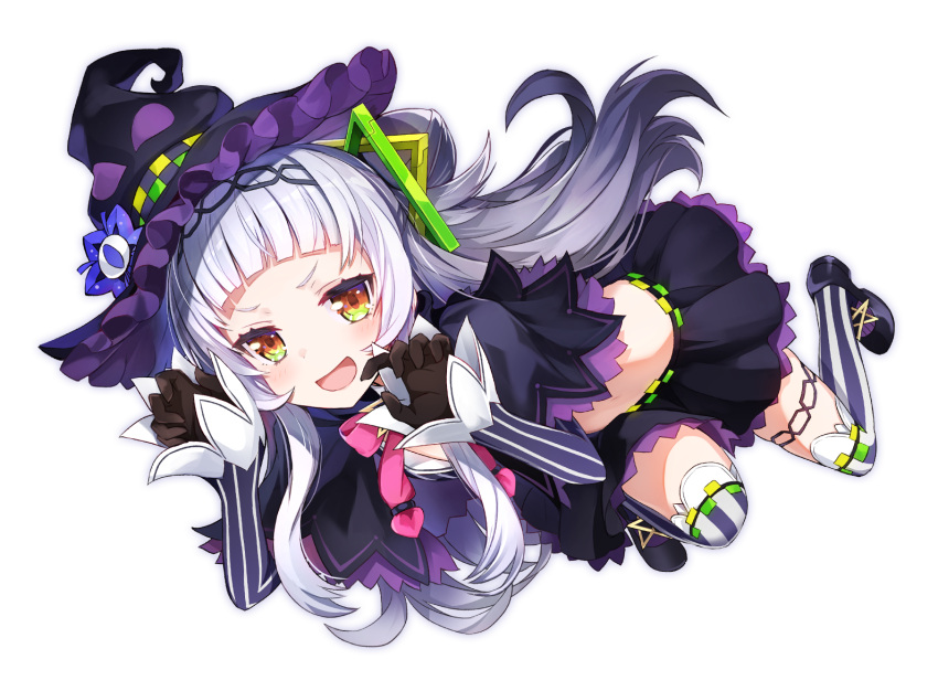 1girl :d amagai_tarou bangs black_capelet black_footwear black_gloves black_hat black_skirt blunt_bangs blush capelet checkered commentary_request crop_top full_body gloves hair_ornament hands_up hat hololive long_hair long_sleeves looking_at_viewer midriff miniskirt murasaki_shion neck_ribbon open_mouth orange_eyes pink_neckwear ribbon shirt shoes sidelocks silver_hair simple_background skirt sleeves_past_wrists smile solo striped striped_legwear striped_shirt thigh-highs v-shaped_eyebrows virtual_youtuber white_background witch_hat