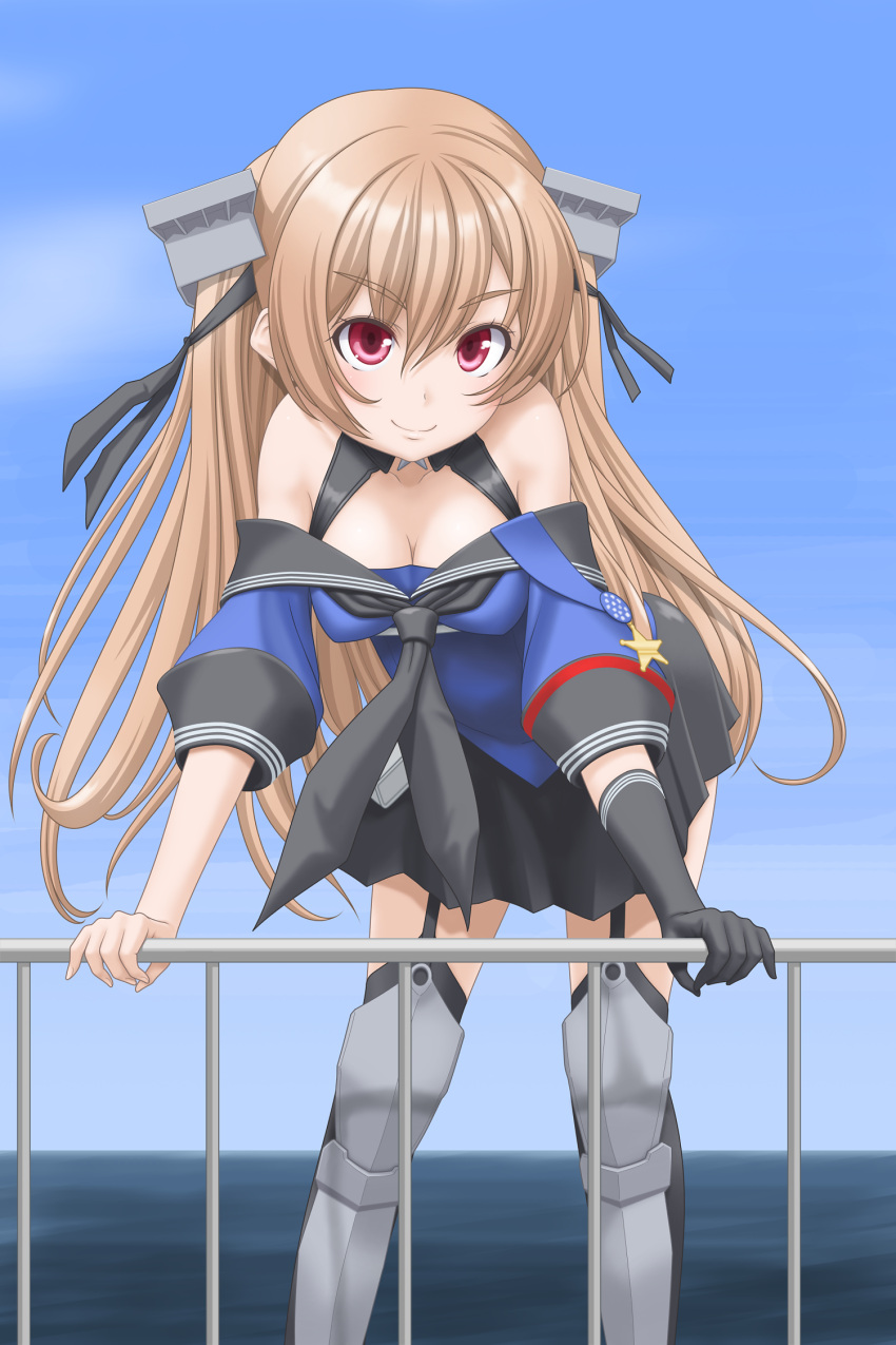1girl black_gloves black_legwear black_skirt blue_background blue_shirt blue_sky breasts cleavage clouds collarbone garter_straps gloves gradient gradient_background gradient_sky highres johnston_(kantai_collection) kantai_collection leaning_forward light_brown_hair long_hair looking_at_viewer medium_breasts off_shoulder pleated_skirt railing red_eyes sailor_collar school_uniform serafuku shin_guards shirt single_glove skirt sky solo standing t2r thigh-highs twintails two_side_up us_medal_of_honor waving