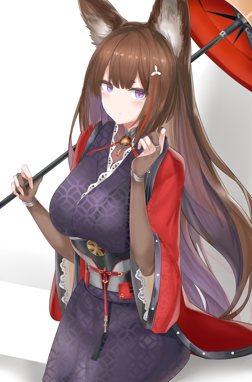 1girl absurdres amagi_(azur_lane) animal_ear_fluff animal_ears azur_lane bangs blush breasts bridal_gauntlets brown_hair closed_mouth commentary_request eyebrows_visible_through_hair highres holding holding_umbrella japanese_clothes kimono large_breasts long_hair looking_at_viewer multicolored_hair oriental_umbrella purple_kimono red_umbrella redhead ru_zhai short_eyebrows short_sleeves sitting solo streaked_hair thick_eyebrows umbrella very_long_hair violet_eyes white_background wide_sleeves
