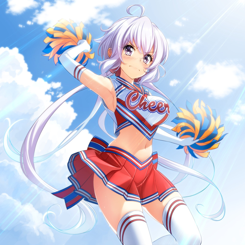 1girl ahoge arm_up armpits blue_sky blush breasts cheerleader clouds elbow_gloves gloves highres large_breasts lavender_hair light_rays midriff navel nyanmaru pom_poms senki_zesshou_symphogear sideboob skirt sky solo sweat thigh-highs violet_eyes yukine_chris