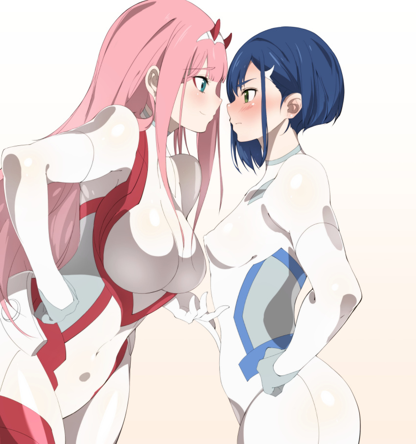 2girls bangs blue_eyes blue_hair blush bodysuit breasts commentary darling_in_the_franxx erect_nipples eyebrows_visible_through_hair face-to-face finger_in_navel green_eyes hair_ornament hairband hairclip hand_on_another's_stomach hand_on_hip highres horns ichigo_(darling_in_the_franxx) large_breasts long_hair multiple_girls navel_insertion navel_poking oni_horns pilot_suit pink_hair red_bodysuit red_horns short_hair sia_namsbinpeni simple_background small_breasts smile straight_hair white_background white_bodysuit white_hairband yuri zero_two_(darling_in_the_franxx)