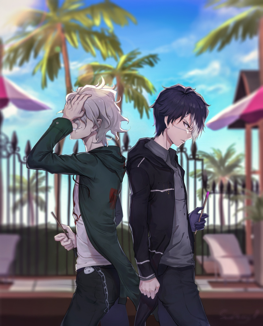 2boys back-to-back black_jacket black_legwear blue_sky blurry blurry_background chains clenched_hand closed_mouth clouds commentary_request covering_one_eye dangan_ronpa day fence from_side green_jacket grey_shirt grin hand_in_hair hand_over_eye highres holding jacket kaer_sasi_dianxia komaeda_nagito looking_down male_focus medium_hair multicolored_hair multiple_boys open_clothes open_jacket original outdoors palm_tree pants shirt sky smile sunlight super_dangan_ronpa_2 teeth tree white_hair white_shirt