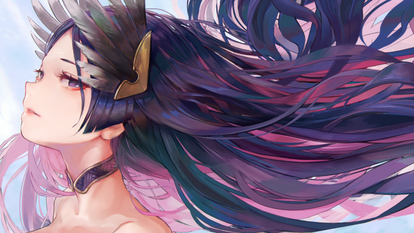 1girl bangs bare_shoulders choker commentary_request fate/grand_order fate_(series) feathers from_side hair_feathers hair_lift hair_ornament long_hair looking_at_viewer minamoto_no_raikou_(fate/grand_order) minamoto_no_raikou_(swimsuit_lancer)_(fate) parted_bangs parted_lips purple_hair tocope very_long_hair violet_eyes