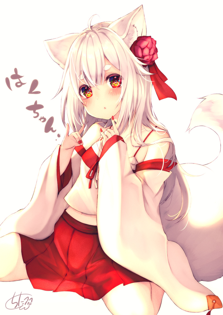 1girl animal_ear_fluff animal_ears bare_shoulders blush chita_(ketchup) commentary_request detached_sleeves fingernails flower fox_ears fox_girl fox_shadow_puppet fox_tail hair_flower hair_ornament head_tilt highres long_hair long_sleeves nail_polish original parted_lips pleated_skirt red_flower red_nails red_rose red_skirt rose signature silver_hair sitting skirt sleeveless sleeves_past_wrists solo tail tail_raised translation_request very_long_hair wariza white_background white_sleeves