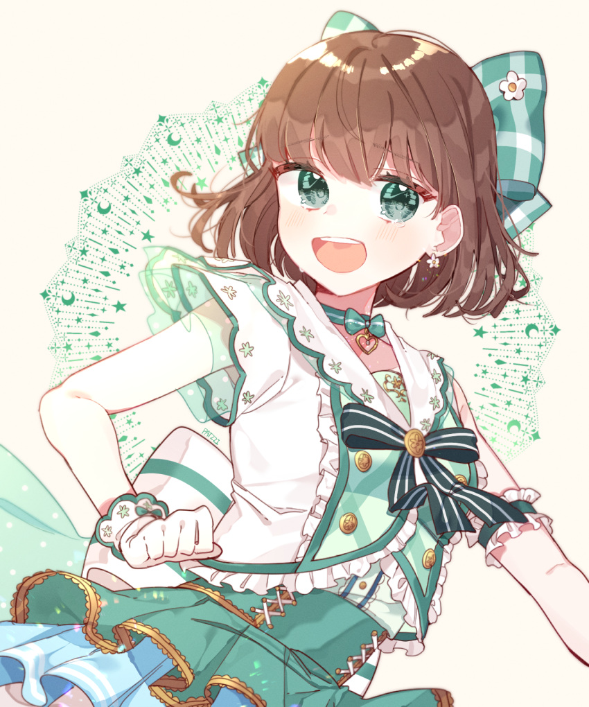 1girl :d armband artist_name bang_dream! bangs blush bow bow_choker brown_hair choker clenched_hand commentary_request corset earrings flower_earrings frilled_shirt frills gloves green_bow green_choker green_eyes green_neckwear green_skirt hair_bow heart heart_choker highres jewelry layered_skirt neck_ribbon open_mouth patzzi ribbon shirt short_hair skirt smile solo striped striped_choker striped_neckwear sweat white_gloves yamato_maya