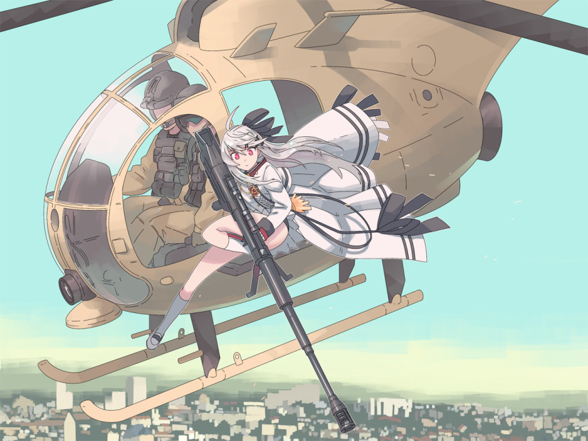 1girl 2boys aiming aircraft artist_request blue_sky city clouds flying girls_frontline helicopter helmet iws-2000_(girls_frontline) military military_uniform multiple_boys red_eyes sky soldier steyr_iws_2000 uniform white_hair