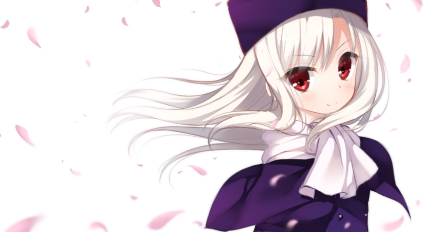 1girl bangs blush cariboy closed_mouth commentary_request eyebrows_visible_through_hair fate/stay_night fate_(series) hat illyasviel_von_einzbern jacket long_hair looking_at_viewer petals purple_capelet purple_hat purple_jacket red_eyes scarf simple_background smile solo white_background white_hair white_scarf