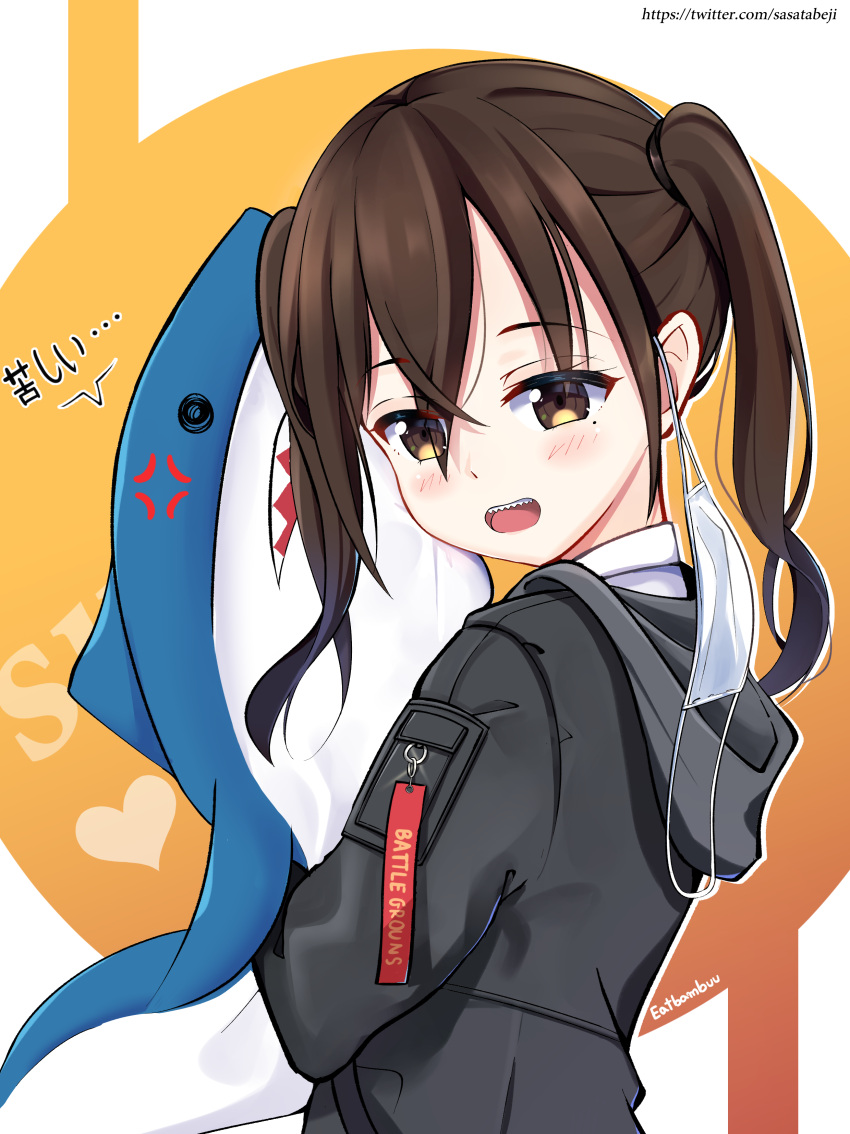 1girl :o absurdres anger_vein artist_name bangs black_jacket blush brown_eyes brown_hair doll_hug hair_between_eyes heart highres hood hood_down hooded_jacket idolmaster idolmaster_cinderella_girls ikea_shark jacket long_hair looking_at_viewer mole mole_under_eye open_mouth sasatabekung sharp_teeth shirt sidelocks solo stuffed_animal stuffed_shark stuffed_toy sunazuka_akira surgical_mask teeth twintails twitter_username upper_body white_shirt