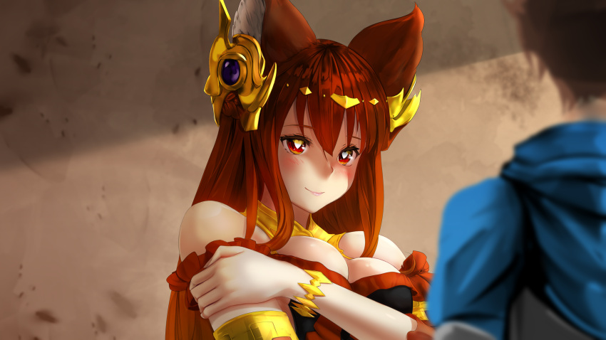 1girl animal_ears anthuria bare_shoulders blush bracelet braco breasts cleavage erune granblue_fantasy hair_ornament hand_on_own_arm heart heart-shaped_pupils highres jewelry long_hair looking_at_another red_eyes redhead smile solo_focus symbol-shaped_pupils upper_body