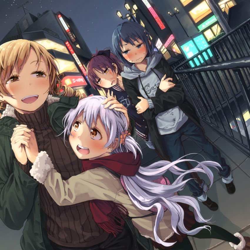 4girls :d arm_up backpack bag bangs blonde_hair blue_eyes blue_hair blush bow brown_eyes closed_mouth crossed_arms drill_hair dutch_angle eyebrows_visible_through_hair fisheye fur-trimmed_sleeves fur_trim furrowed_eyebrows hair_bow hair_ornament hair_scrunchie hairclip half-closed_eyes hand_holding hand_on_another's_head hand_on_own_arm hand_print hands_up height_difference high_ponytail hood hood_down hoodie hug interlocked_fingers jacket jewelry long_hair long_sleeves looking_at_another mahou_shoujo_madoka_magica miki_sayaka momoe_nagisa multiple_girls night open_clothes open_jacket open_mouth outdoors pants pantyhose parted_bangs ponytail purple_hair railing red_scarf redhead ribbed_sweater ring ryuunosuke_(luckyneco) sakura_kyouko scarf scrunchie shoes short_hair side_ponytail sidelocks skirt sky slap_mark smile standing star_(sky) starry_sky sweat sweater swept_bangs tearing_up tomoe_mami turtleneck turtleneck_sweater twin_drills upper_teeth very_long_hair wavy_mouth