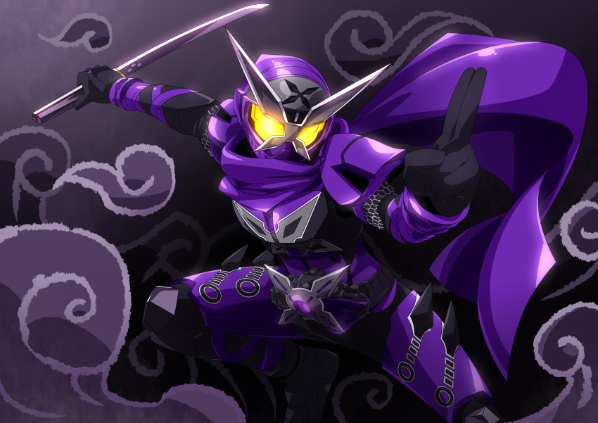 1boy absurdres belt commentary_request glowing glowing_eyes gradient_background hand_sign highres holding holding_sword holding_weapon kamen_rider kamen_rider_shinobi kamen_rider_zi-o_(series) kuji-in male_focus ninja ninjatou otokamu purple_scarf reverse_grip rider_belt scarf solo sword weapon