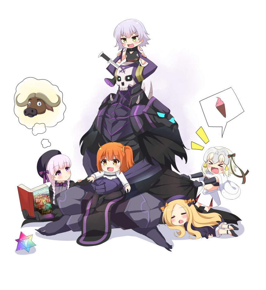 &gt;_&lt; 1boy 5girls :d abigail_williams_(fate/grand_order) absurdres agung_syaeful_anwar armor bangs bare_shoulders bell beret bikini_top black_bikini_top black_bow black_cloak black_dress black_footwear black_gloves black_hat blonde_hair blush book bow braid brown_eyes brown_hair bull capelet chaldea_uniform closed_eyes commentary dress elbow_gloves english_commentary eyebrows_visible_through_hair fate/extra fate/grand_order fate_(series) food forehead fujimaru_ritsuka_(male) gloves glowing glowing_eyes gothic_lolita green_bow green_eyes green_ribbon hair_bow hat headpiece highres ice_cream ice_cream_cone jack_the_ripper_(fate/apocrypha) jacket jeanne_d'arc_(fate)_(all) jeanne_d'arc_alter_santa_lily king_hassan_(fate/grand_order) knife_in_head legs_crossed lolita_fashion long_hair low_twintails lying multiple_girls nursery_rhyme_(fate/extra) on_lap on_stomach one_side_up open_book open_mouth orange_bow parted_bangs pink_hair ribbon saint_quartz shirt shoe_soles shoes shoulder_tattoo silver_hair skull sleeping sleeveless sleeveless_shirt smile soft_serve spikes spoken_object striped striped_bow striped_ribbon tattoo twin_braids twintails uniform very_long_hair wavy_mouth white_background white_capelet white_dress white_jacket