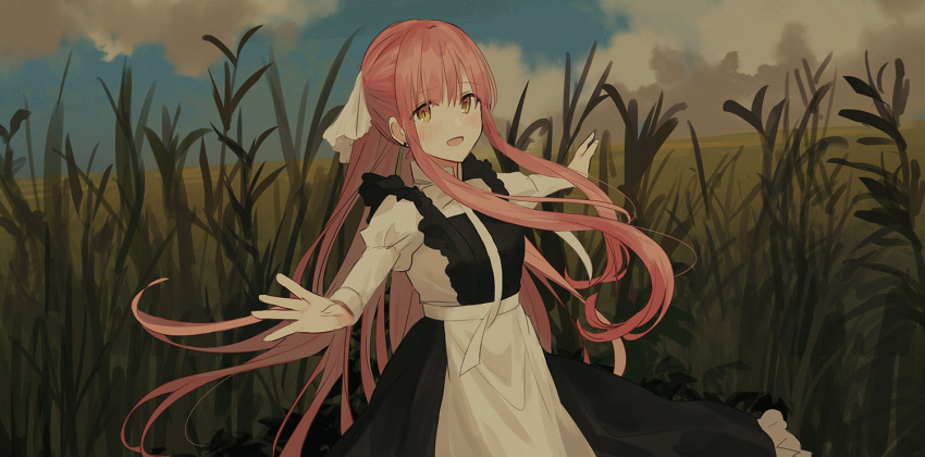 1girl :d apron bangs black_dress blue_sky blush brown_eyes chihuri clouds cloudy_sky day dress eyebrows_visible_through_hair field hair_between_eyes hair_ribbon juliet_sleeves long_hair long_sleeves open_mouth original outdoors outstretched_arms pink_hair puffy_sleeves ribbon shirt sidelocks sky sleeveless sleeveless_dress smile solo spinning spread_arms very_long_hair waist_apron white_apron white_ribbon white_shirt