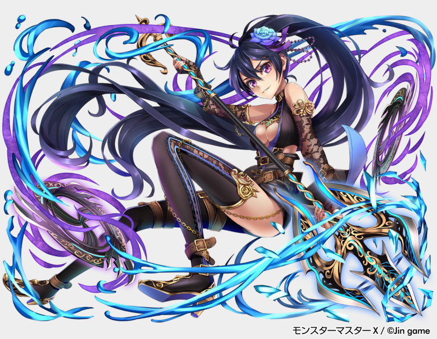 1girl absurdly_long_hair black_footwear black_hair blue_flower blue_rose boots breasts cleavage detached_sleeves floating_hair flower hair_between_eyes hair_flower hair_ornament holding holding_weapon long_hair long_sleeves medium_breasts monster_master_x nail_polish parted_lips ponytail print_sleeves rose smile solo thigh-highs thigh_boots tokumaru very_long_hair violet_eyes weapon