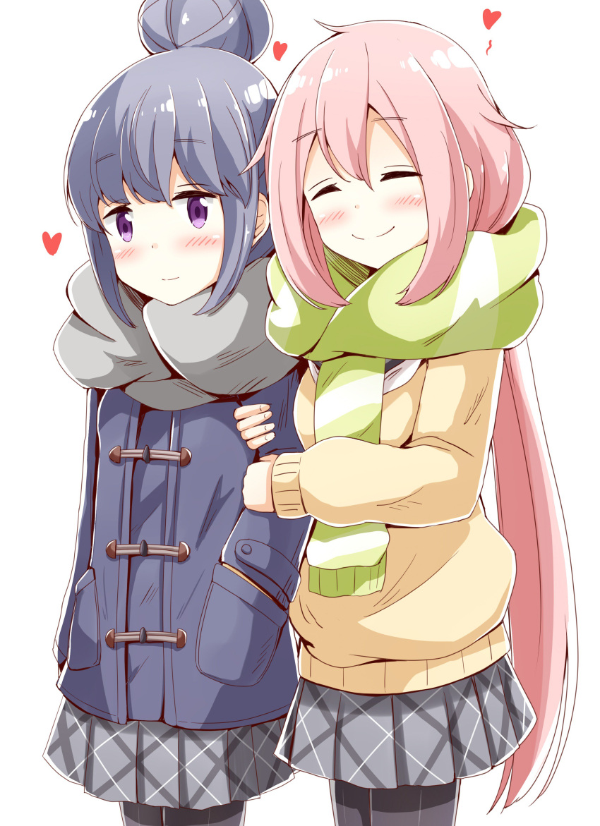 2girls absurdres aikawa_ryou blue_hair blush closed_eyes coat eyebrows_visible_through_hair green_scarf hair_between_eyes hair_bun hands_in_pockets heart highres jitome kagamihara_nadeshiko locked_arms long_sleeves low_twintails multiple_girls nose_blush pantyhose pink_hair pleated_skirt scarf shima_rin skirt striped striped_scarf sweater twintails violet_eyes white_background winter_clothes winter_coat yuri yurucamp