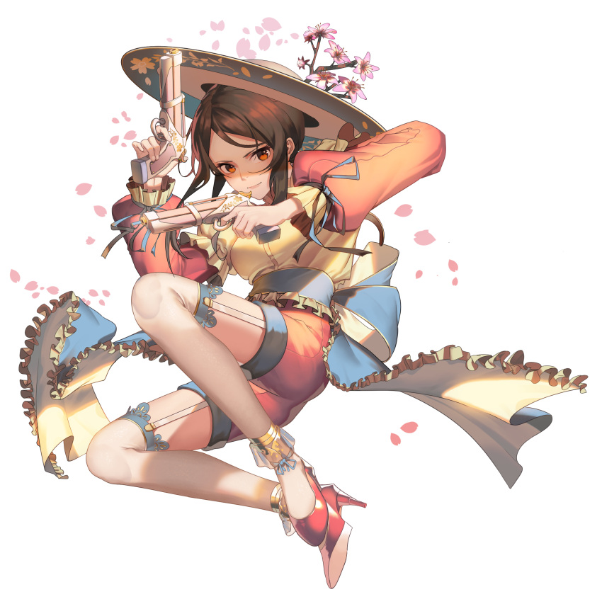 1girl black_tea_(food_fantasy) brown_eyes brown_hair dual_wielding flower food_fantasy frills full_body garter_straps gun hat high_heels highres hj_(leeho830) holding holding_gun holding_weapon long_hair long_sleeves looking_at_viewer orange_shorts red_footwear shorts sidelocks smile thigh-highs weapon white_background white_legwear