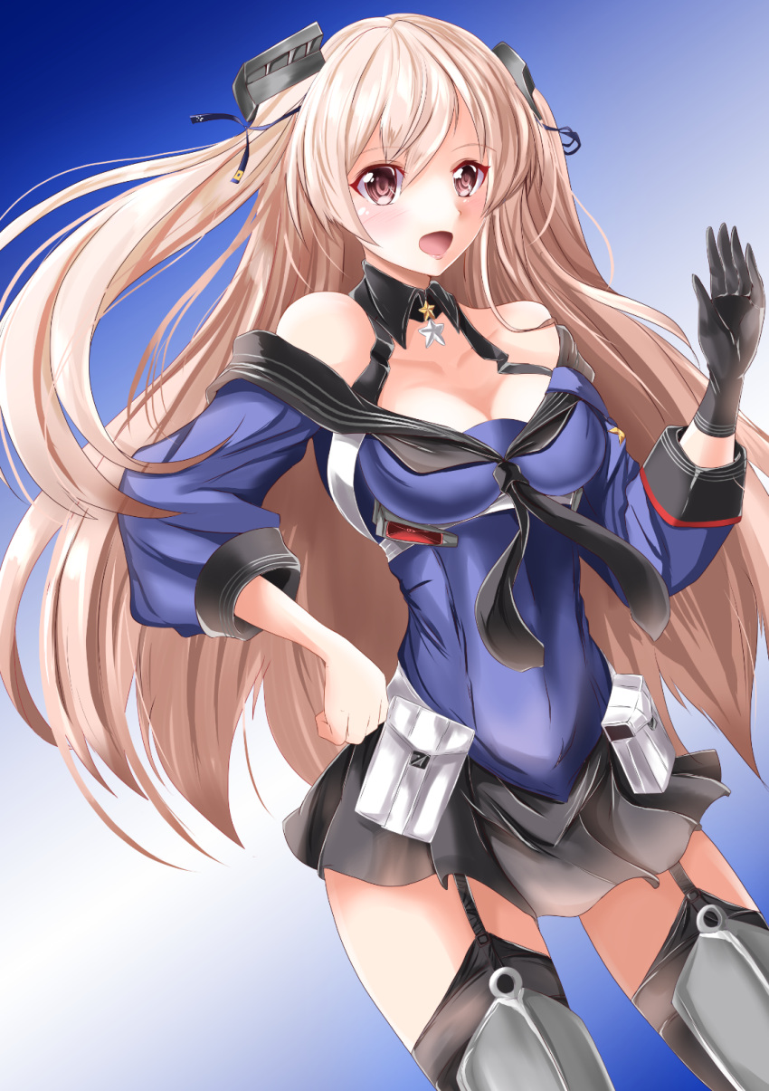 1girl black_gloves black_legwear black_skirt blue_background blue_shirt breasts brown_eyes cleavage collarbone commentary_request garter_straps gloves gradient gradient_background hand_on_hip highres johnston_(kantai_collection) kantai_collection kentan_(kingtaiki) light_brown_hair long_hair looking_at_viewer medium_breasts off_shoulder pleated_skirt sailor_collar school_uniform serafuku shirt single_glove skirt solo standing thigh-highs twintails two_side_up us_medal_of_honor waving