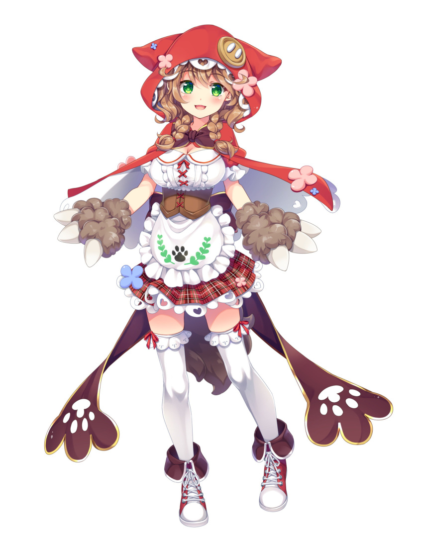1girl :d absurdres blush braid breasts brown_hair buttons cleavage commentary corset frills full_body gloves green_eyes highres large_breasts looking_at_viewer low_twin_braids moeki_yuuta nijisanji official_art open_mouth oversized_object paw_gloves paw_print paws red_hood ribbon shoes short_sleeves smile sneakers solo standing thigh-highs twin_braids virtual_youtuber warabeda_meijii white_background white_legwear zettai_ryouiki