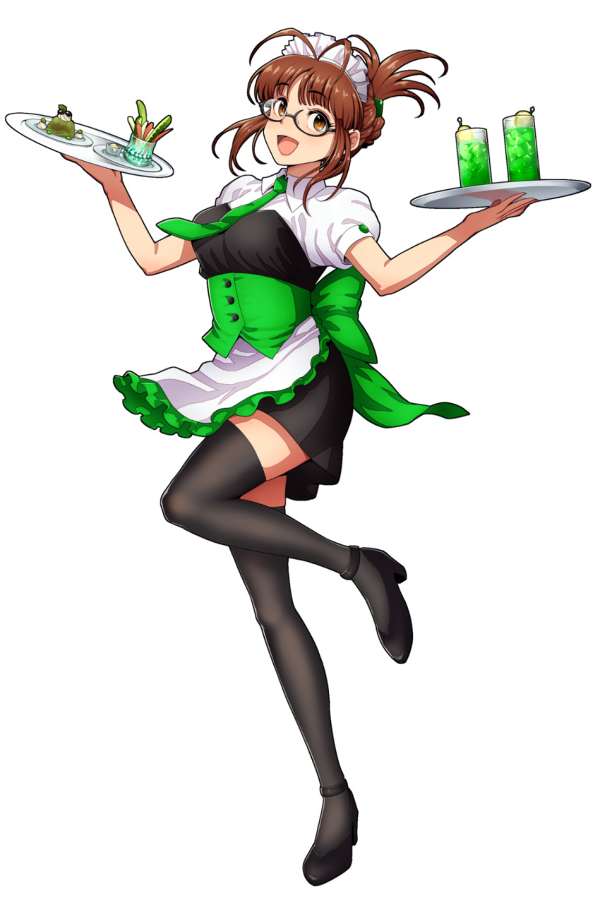 1girl :d akizuki_ritsuko anklet antenna_hair apron back_bow black-framed_eyewear black_footwear black_legwear black_skirt bow brown_eyes brown_hair chiaki_rakutarou corset floating_hair frilled_apron frills full_body glasses green_bow green_neckwear highres holding holding_plate idolmaster idolmaster_(classic) jewelry leg_up maid_headdress miniskirt necktie open_mouth plate semi-rimless_eyewear shirt short_hair short_sleeves sidelocks simple_background skirt smile solo standing standing_on_one_leg thigh-highs thigh_strap tied_hair under-rim_eyewear waist_apron waitress white_apron white_background white_shirt zettai_ryouiki